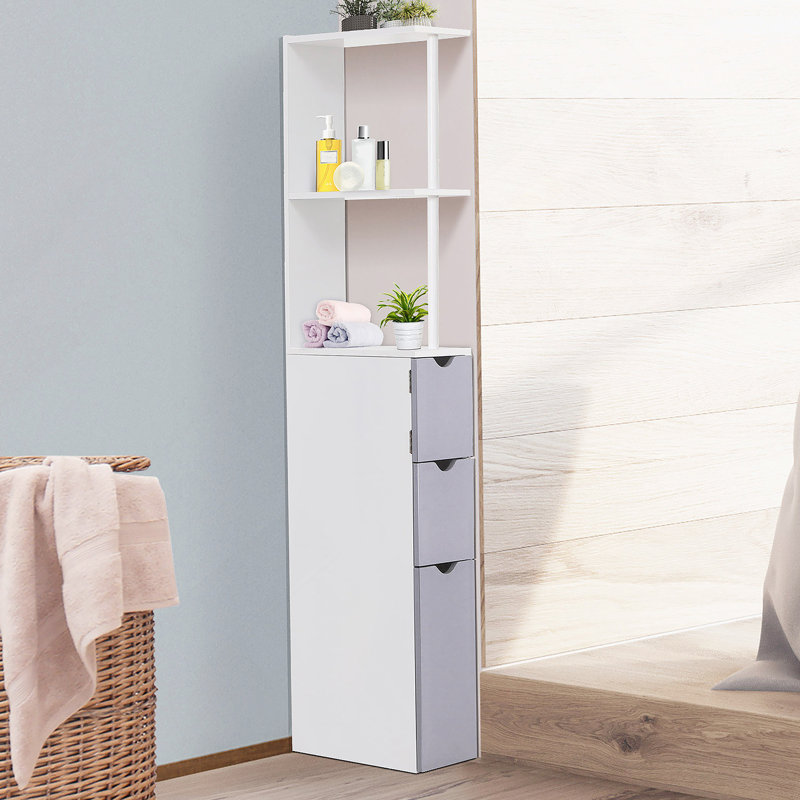 Armoire de rangement pour salle de bain de 54 po de hauteur, tour à linge autoportante avec tablette à 2 niveaux et tiroirs, organisateur de plancher étroit, blanc