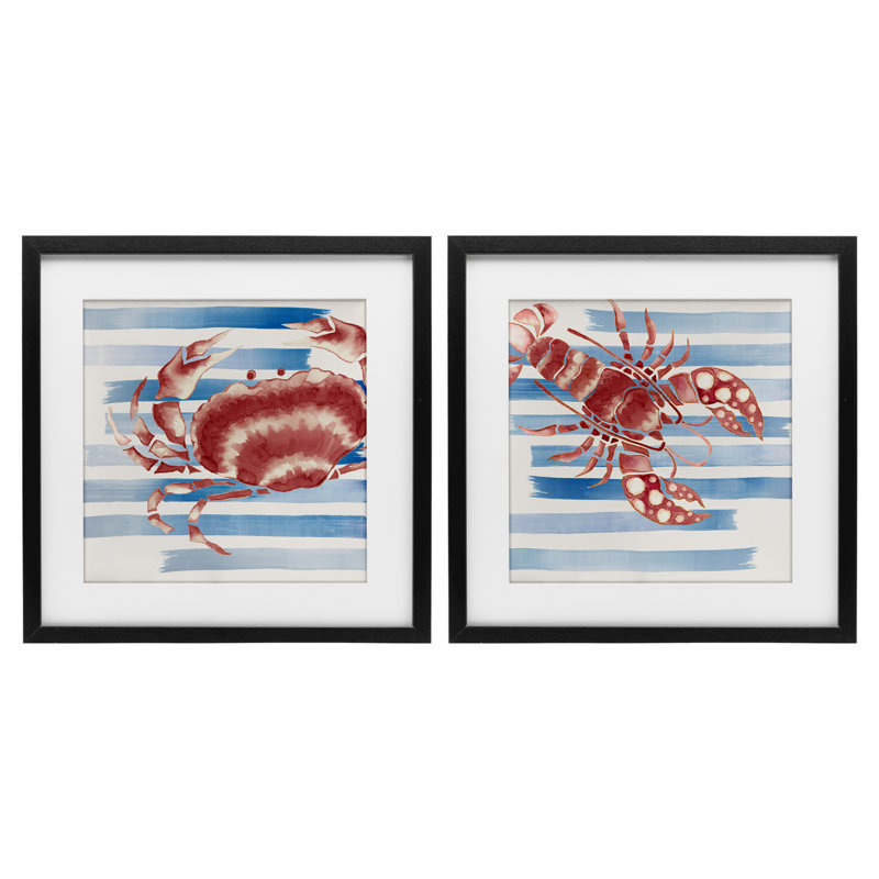 Ensemble de 2 reproductions sous-marines à rayures, créatures de la mer par Eli Jones, H 13 po x l 13 po, Cadre noir minuit