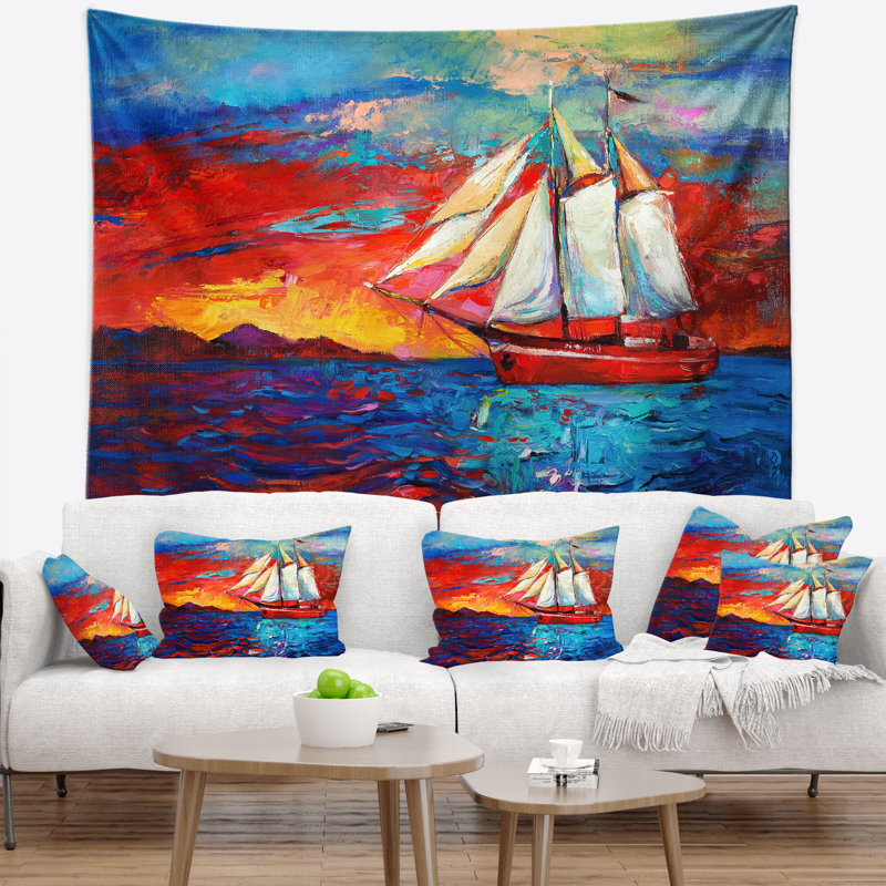 Tapisserie «Seascape Sail Ship Pendant Sunset», H 50 po x l 60 po