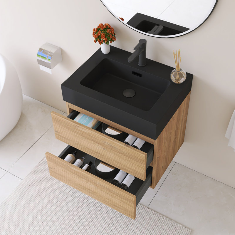 24" Wall-Mounted  Bathroom Vanity With Black Solid Surface Basin, 24"