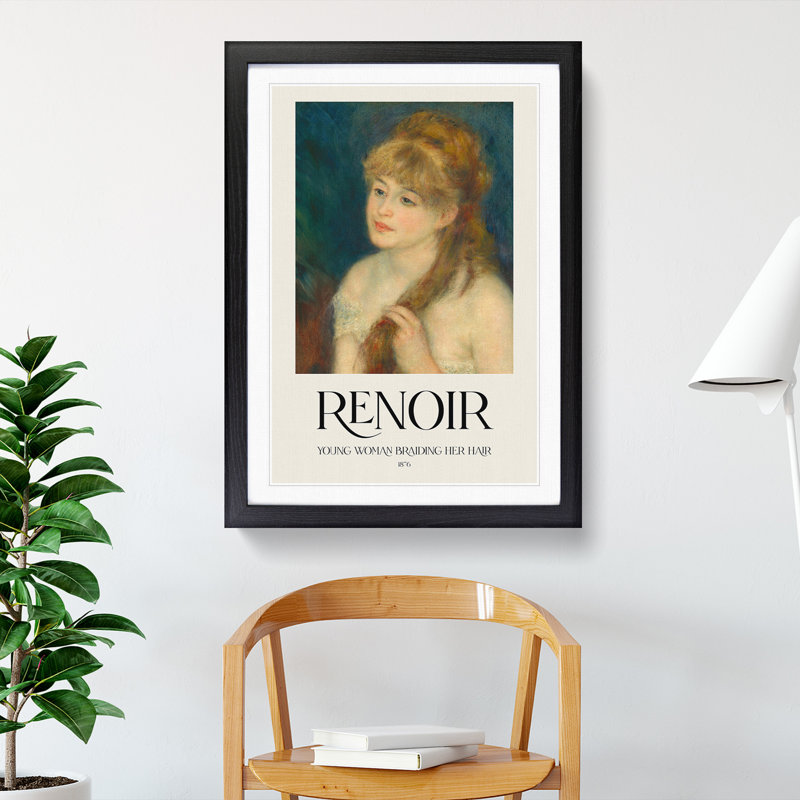 Woman Braiding Her Hair Print by Pierre-Auguste Renoir - Picture Frame Painting, Black, 48cm H x 36cm W x 2cm D