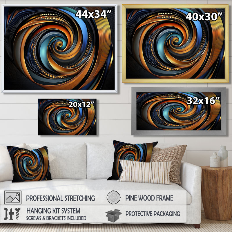 Golden Fractal Celestial Spiral Balance V - Abstract  Fractal Wall Art Print, Black, Floater Framed Print, 16" H x 32" W