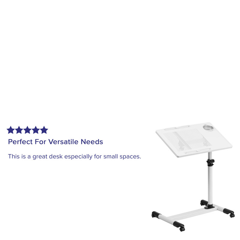 SwivelTop White Adjustable Steel Mobile Desk with Cup Holder