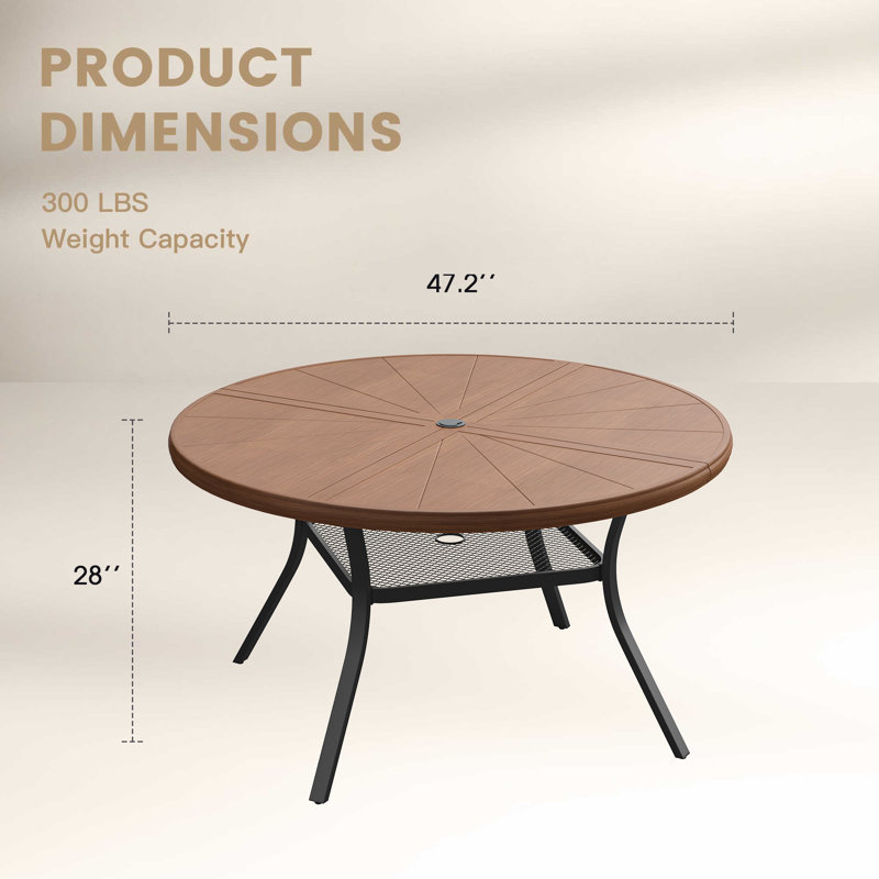 4-Person Aluminum Round Patio Dining Table, Brush Wood Brown, 28" H x 40.6" L x 40.6" W