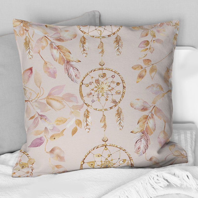 Coussin bohème doré - rose, Carrée, H 18 po x l 18 po