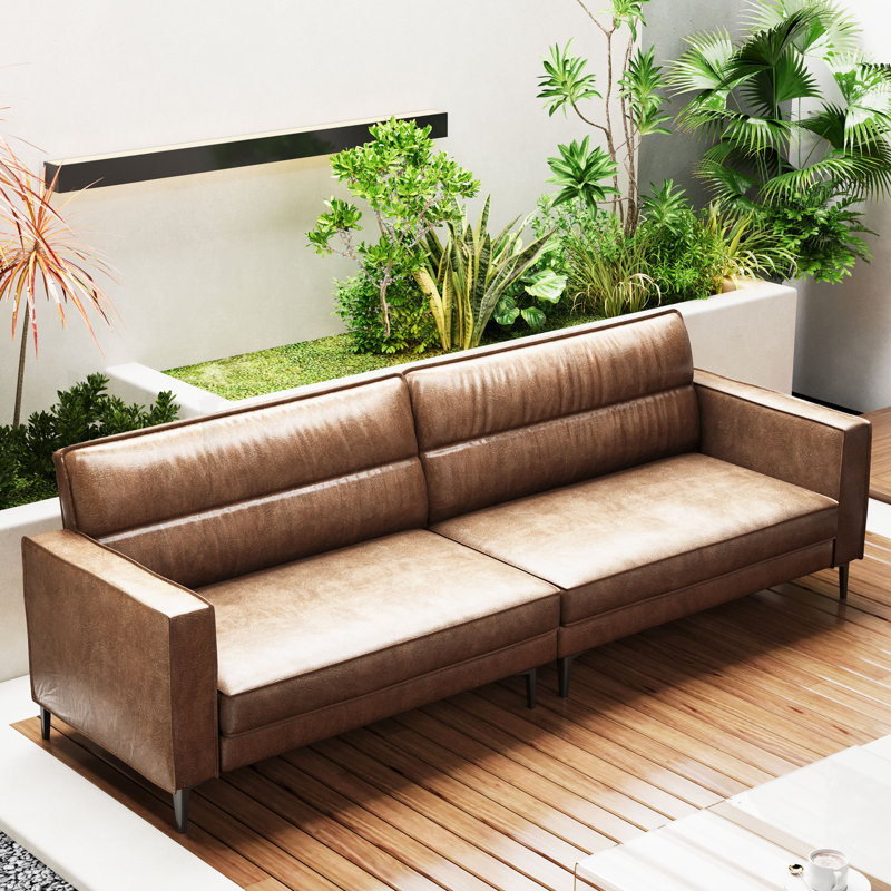 Tikira 86.61 in Large Double Seat Glossy Oil Wax Leather Sofa, Suitable For Living Room, Office, Brown