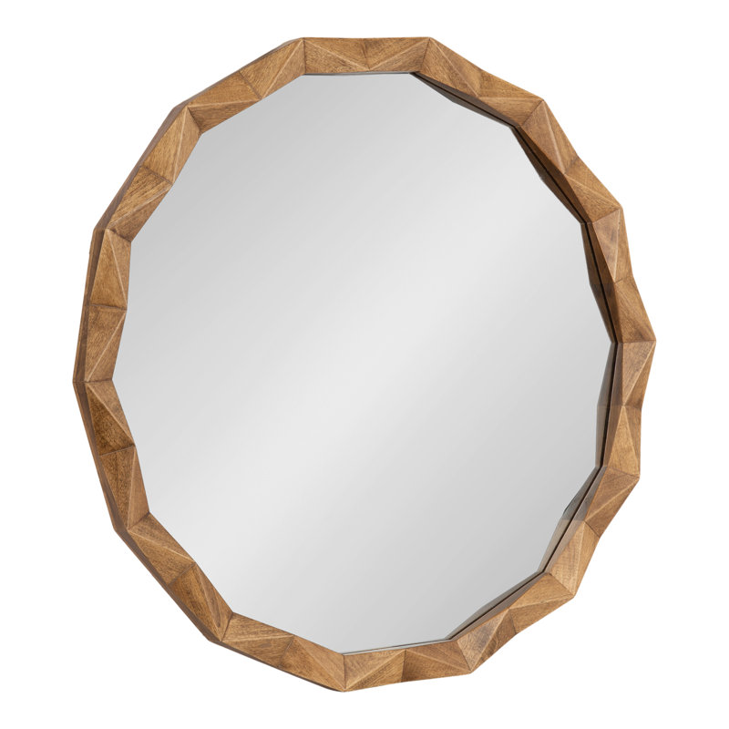 Pieced Wood Round Bathroom Mirror, Medium Brown Wood