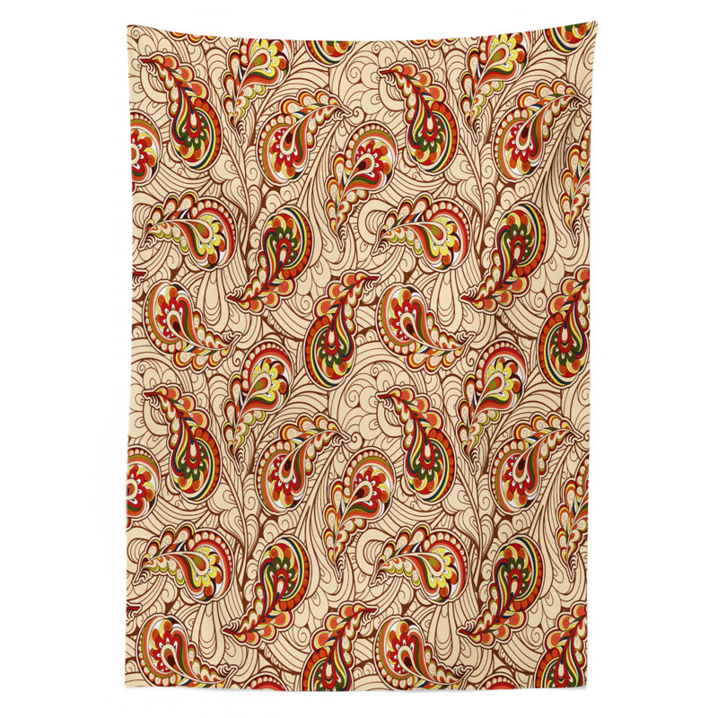 Fall Tablecloth, Leaves In Paisley Design Folkloric Art Original Culture Inspired Motif, Rectangular Table Cover For Dining Room Kitchen Decor, 60" X 84", Red Beige