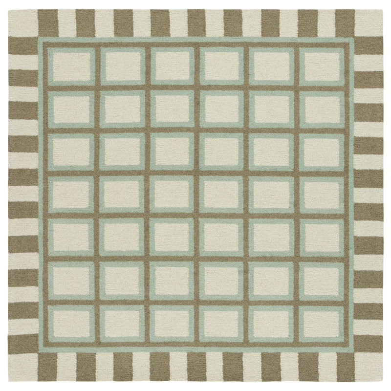 Hand Tufted Wool/Cotton Geometric Rug in Green/Ivory, Square 6'