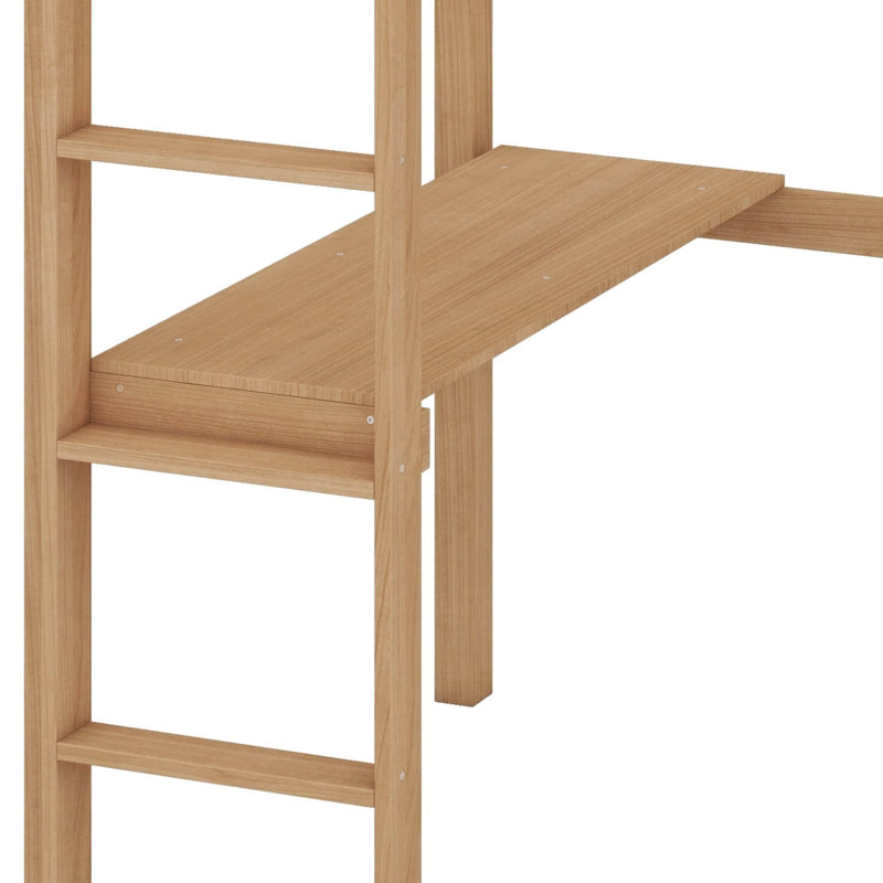 Twin Size High Loft Bed (Rubber Wood) – Safety Guardrail, Built-In Desk & Ladder, White Oak