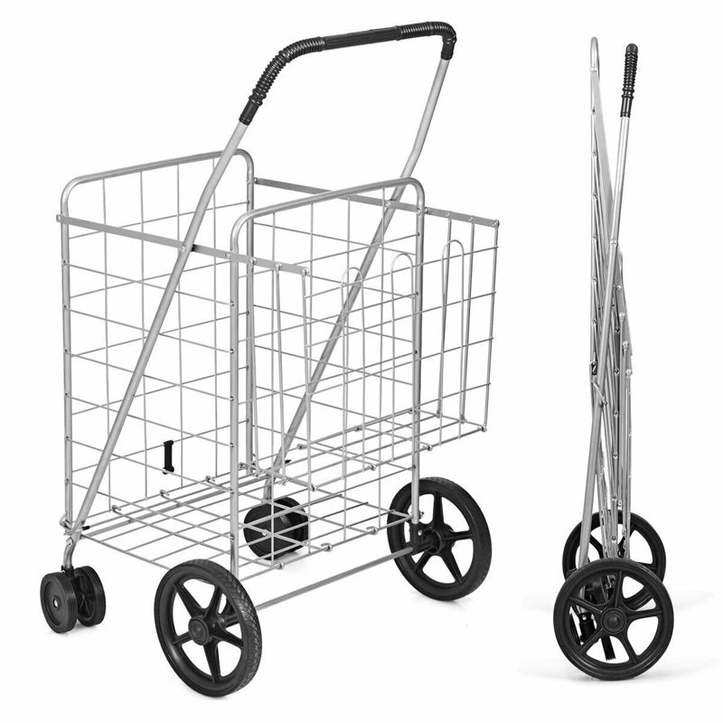 Chariot de magasinage pliant H 40 po x l 24 po avec deux paniers de rangement et roues pivotantes, Argent