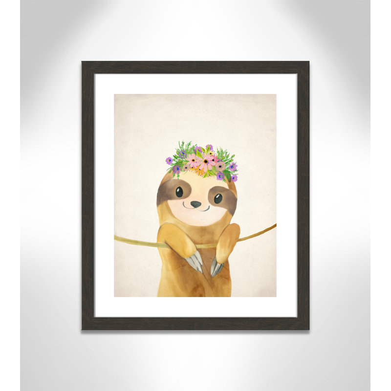 Floral Sloth Animals, 26.5" H x 22.5" W x 0.63" D, Black Woodgrain Flat Framed