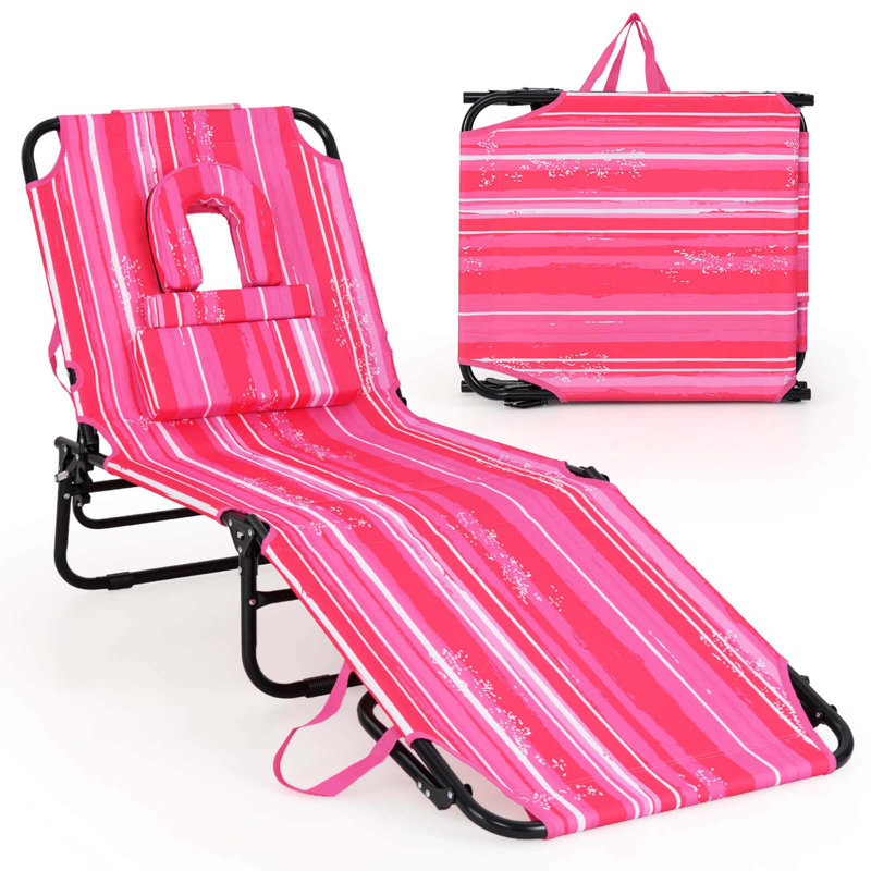 Beach Chaise Lounge Chair With Face Hole Pillows & 5-position Adjustable Backrest Light Pink