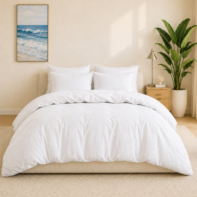 Ensemble de housse de couette réversible 100% lin Boseman, Housse de couette pour très grand lit et 2 taies, Blanc