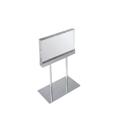 The Elite Series: Small Acrylic Block Sign Holder on Chrome Stand for Counter 8.5"W x 5.5" H Graphic Size