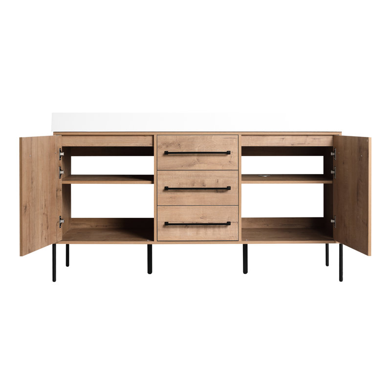 Armoire de salle de bain autoportante de 60 po avec lavabo double blanc, 2 armoires à fermeture douce et 3 tiroirs, conception ergonomique, finition grattée et à l'eau, idéale pour les portes de meuble-lavabo en résine, grand espace de rangement contemporain,