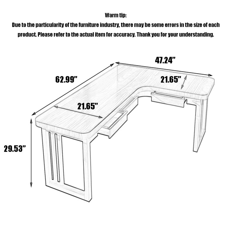 Tiroirs de bureau en L en bois massif, H 29,53 po x l 62,99 po x P 47,24 po