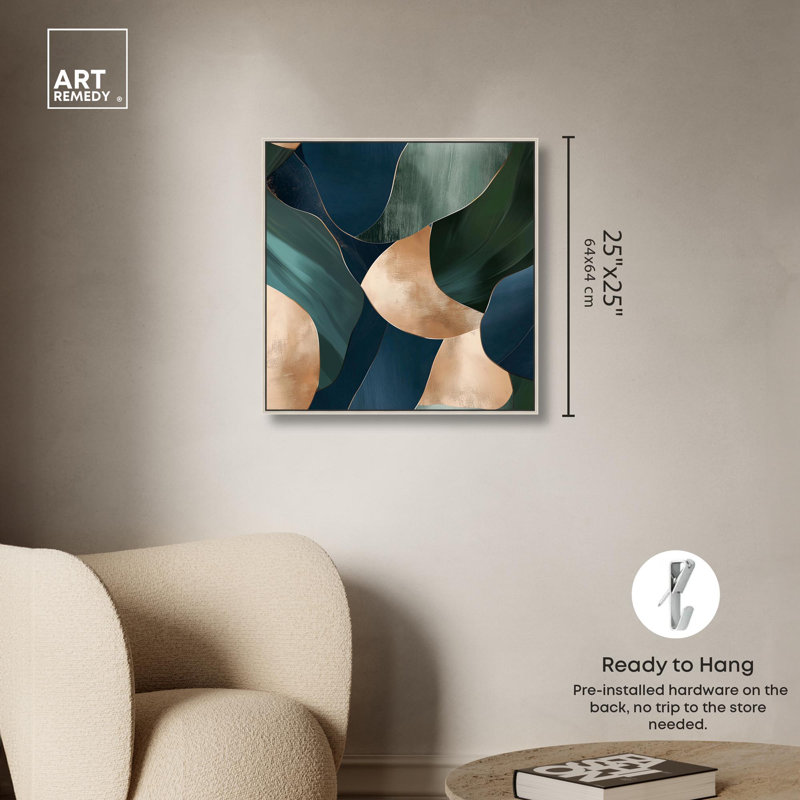 «Marine and Emerald Bits I», art abstrait bleu par Art Remedy, Encadrement argenté, H 25 po x l 25 po x P 2 po
