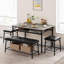 Table de salle à manger avec bancs, ensemble de table de cuisine pour 4 personnes, ensemble de table de salle à manger avec banc rembourré et tabourets carrés, ensemble de table de salle à manger en métal et bois pour 4 avec rangement pour petit esp-1148727575