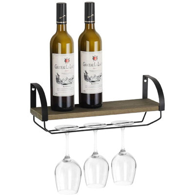 4 Bottle Wall Mounted Wine Bottle & Glass Rack in Brown