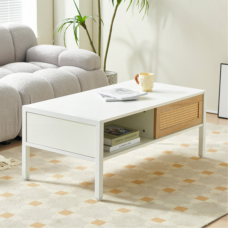 Table basse en rotin de 41,34 pouces avec porte coulissante, pieds en bois massif et design moderne pour le salon