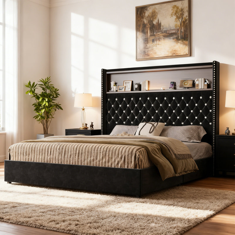 Lit plateforme capitonné en velours avec tête de lit à oreilles 52 po, tablette de rangement, port de chargement USB et veilleuse