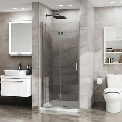 34"X72" Semi-Frameless Pivot Shower Door, 1/4 Inch Thick Clear Tempered Glass, Modern Bathroom Swing Door Design