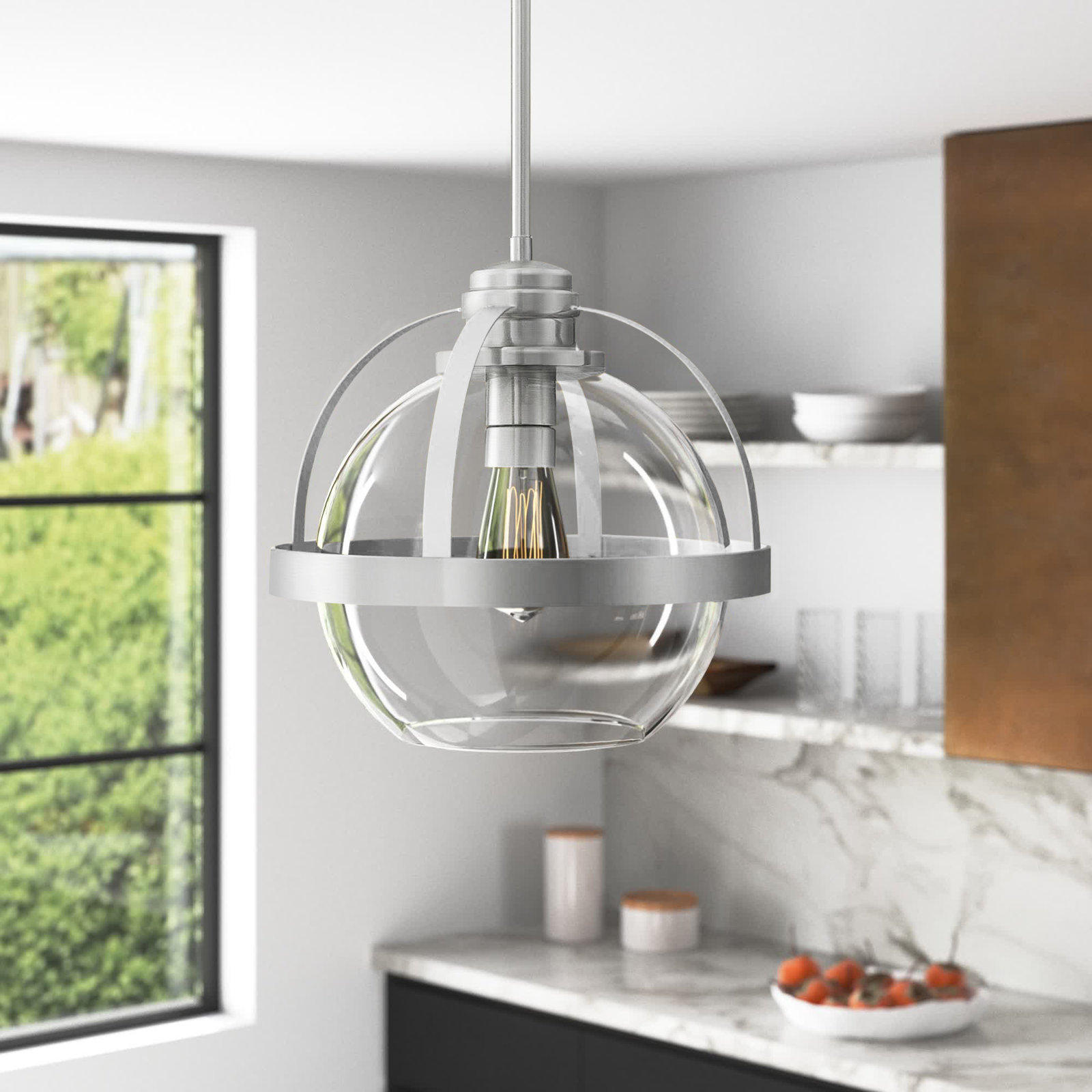 Single Light Glass Dimmable Pendant, Satin Nickel