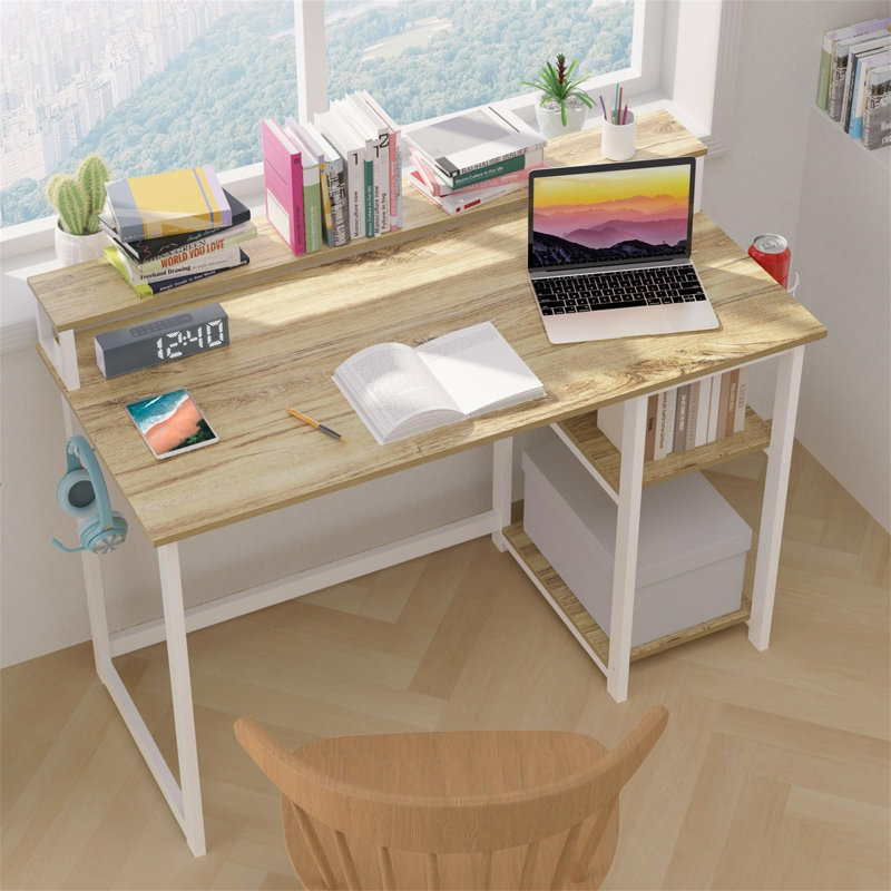 Computer Desk With Full Monitor Stand And Reversible Storage Shelf, 100 Cm, Beige