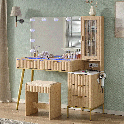 48" Fluted Vanity Desk with Comfortable Stool, Modern Glass Top Big Vanity Table with RGB 5 Drawers & Adjustable Shelves, Makeup Table with Charging Station, Oak(Black handle)