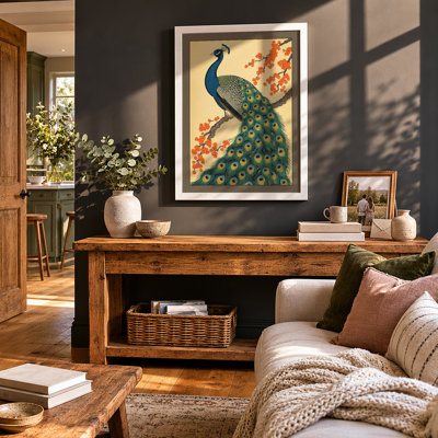 Peacock and Blossom Art Deco - Framed Print