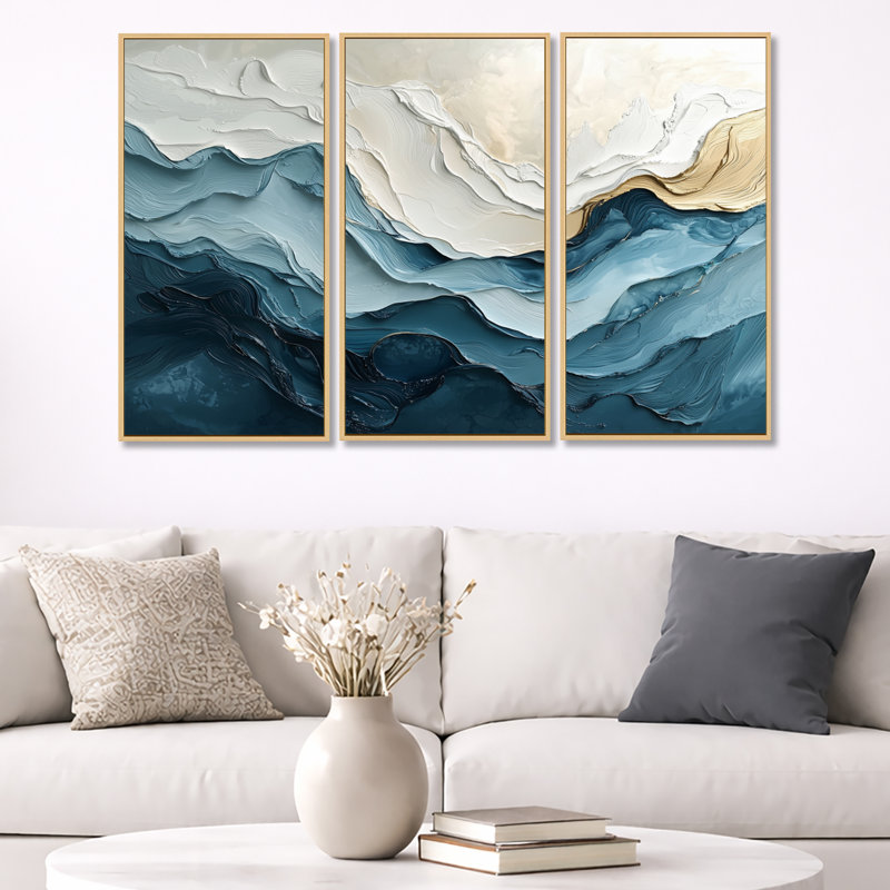Ensemble 2 pièces d'art mural «White and Blue Marble Wave II», Toile naturelle avec cadre flottant