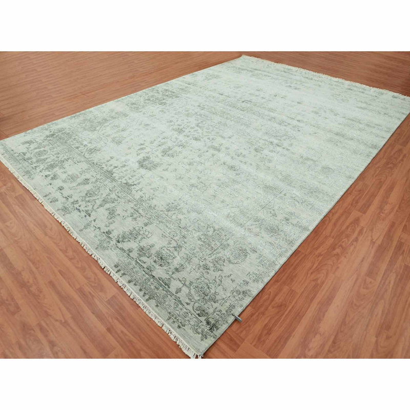 Tapis gris noué à la main de conception unique 9 pi 10 po x 14 pi 3 po New Age