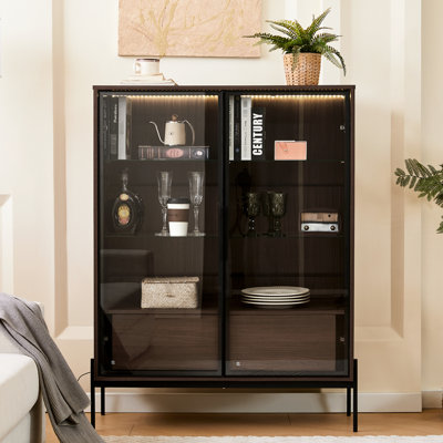 Armoire à DEL avec porte en verre trempé. Moderne minimaliste pour le salon, le bureau et le bureau. 4 tablettes réglables, 2 tiroirs, pieds en métal, présentoir lumineux noir et noyer foncé trempé. Style