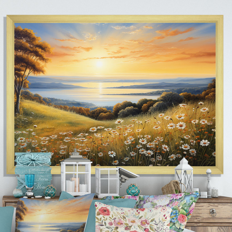Fleurs blanches et vertes, horizon doré, art mural grand fleurs sauvages, H 16 po x l 32 po x P 1 po, Cadre doré