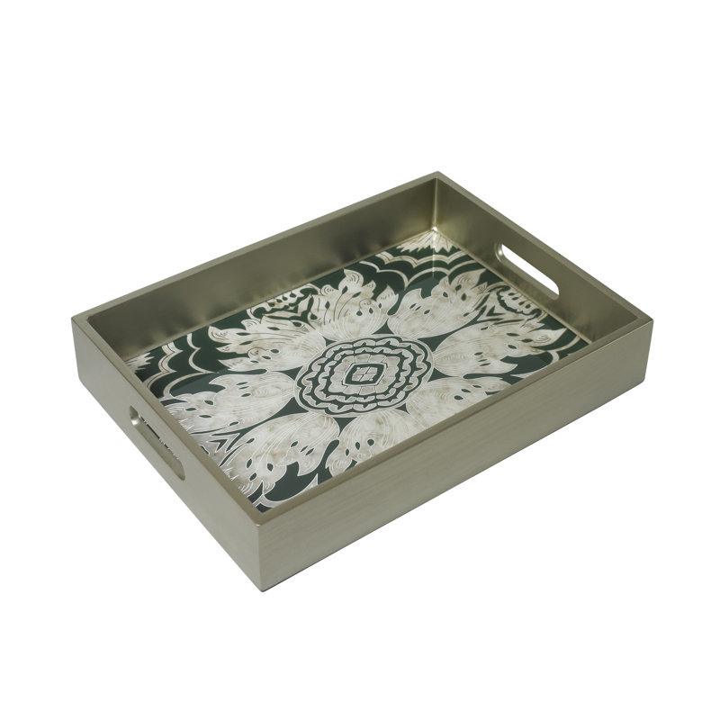Reverse Painted Mirror Vanity Tray, Medium (2.6" H x 11" W x 15.8" L), Yellow