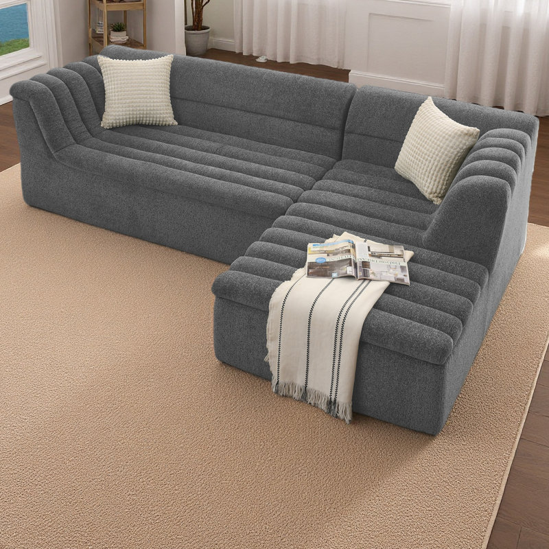 106" L-Shaped Modular Sectional Sofa With Chaise For Living Room, Chenille Upholstered Boneless Couches With Wave-Shaped Armrest, No Pillows Included