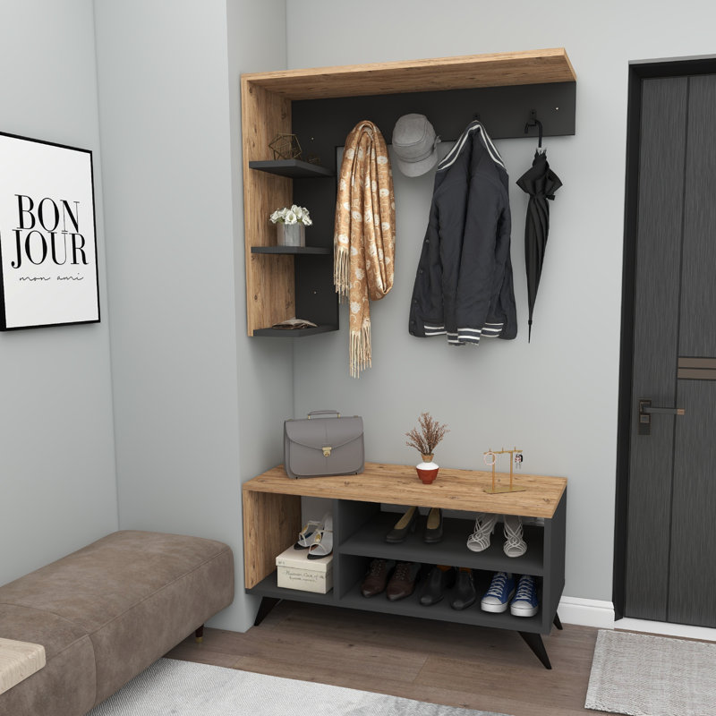 Coat Rack Shoe Storage Height Adjustable Hall Tree with Bench Kupski, Brown/Grey
