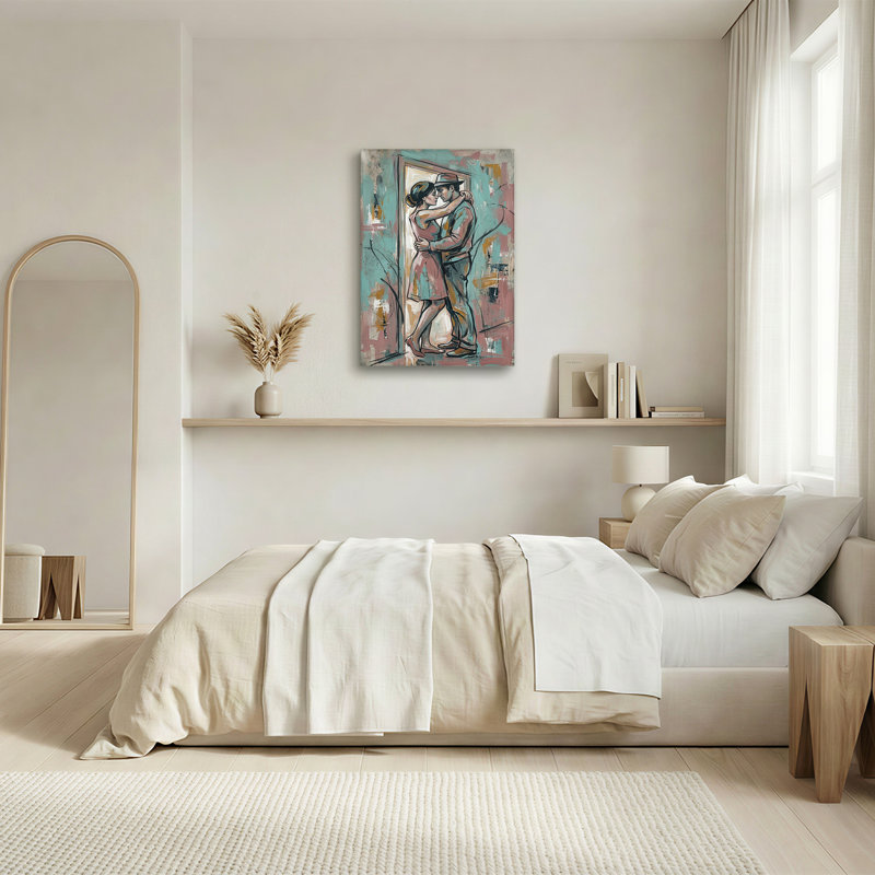 Couple dansant dans une toile abstraite turquoise et rose, H 18 po x l 12 po