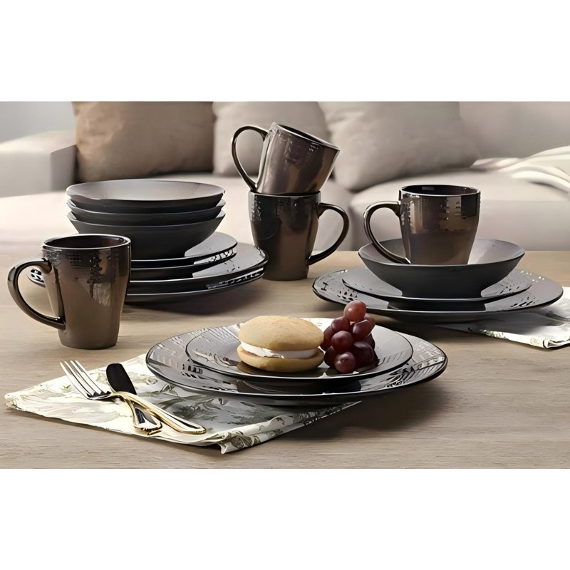 Ensemble de vaisselle en grès, assiettes à dîner, assiettes à salade, bols et tasses à soupe, va au lave-vaisselle et au micro-ondes, 16 pièces, service pour 4 (multicolore)