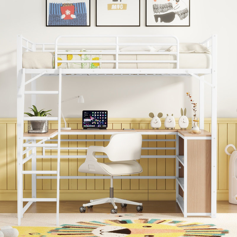 Metal Loft Bed with L-Shaped Desk and 3-Tier Shelves, Space-Saving Loft Bed for Teens & Students, Black, Full