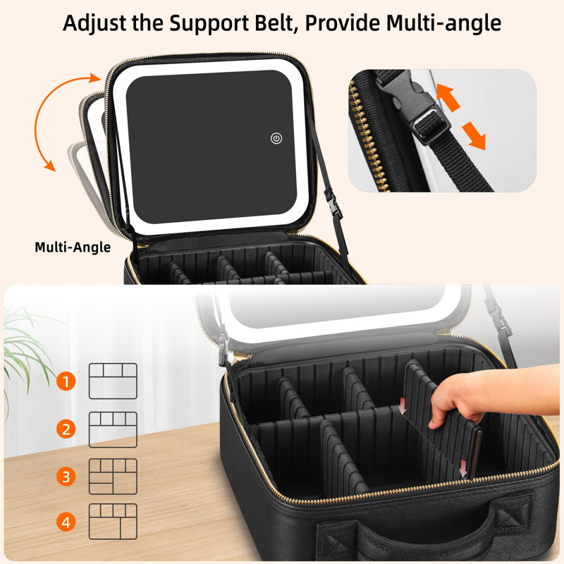 Travel Makeup Bag With Mirror Of LED Lighted, Makeup Train Case With Adjustable Dividers, Makeup Case With Mirror And Detachable 10X Magnifying Mirror