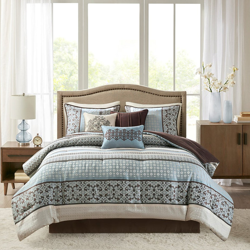 Literie 7 pièces bleu très grand - édredon avec motifs géométriques, lavable à la machine, Blue