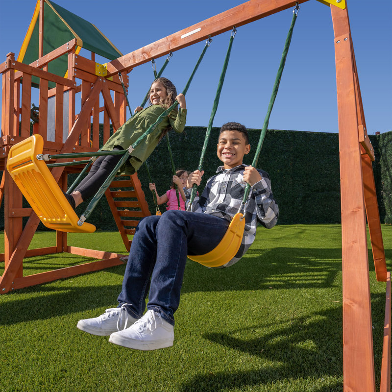 Olympia Natural Wood Swing Set with Green Slide and Fort
