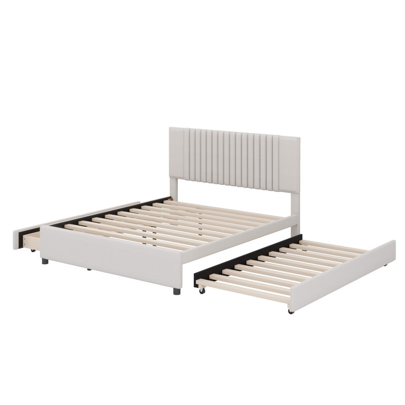Lit plateforme avec lit gigogne et tiroirs, doté d'une tête de lit classique pour chambres chics et contemporaines