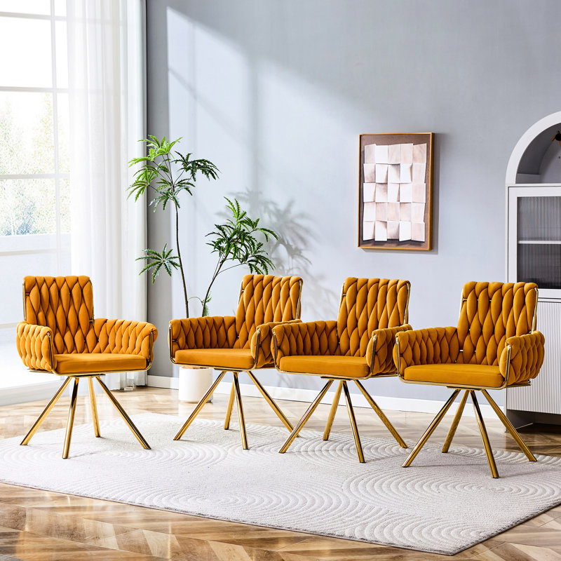 De 2 chaises d'appoint dorées en velours tressé avec corde tissée jaune et rembourrées pour le salon