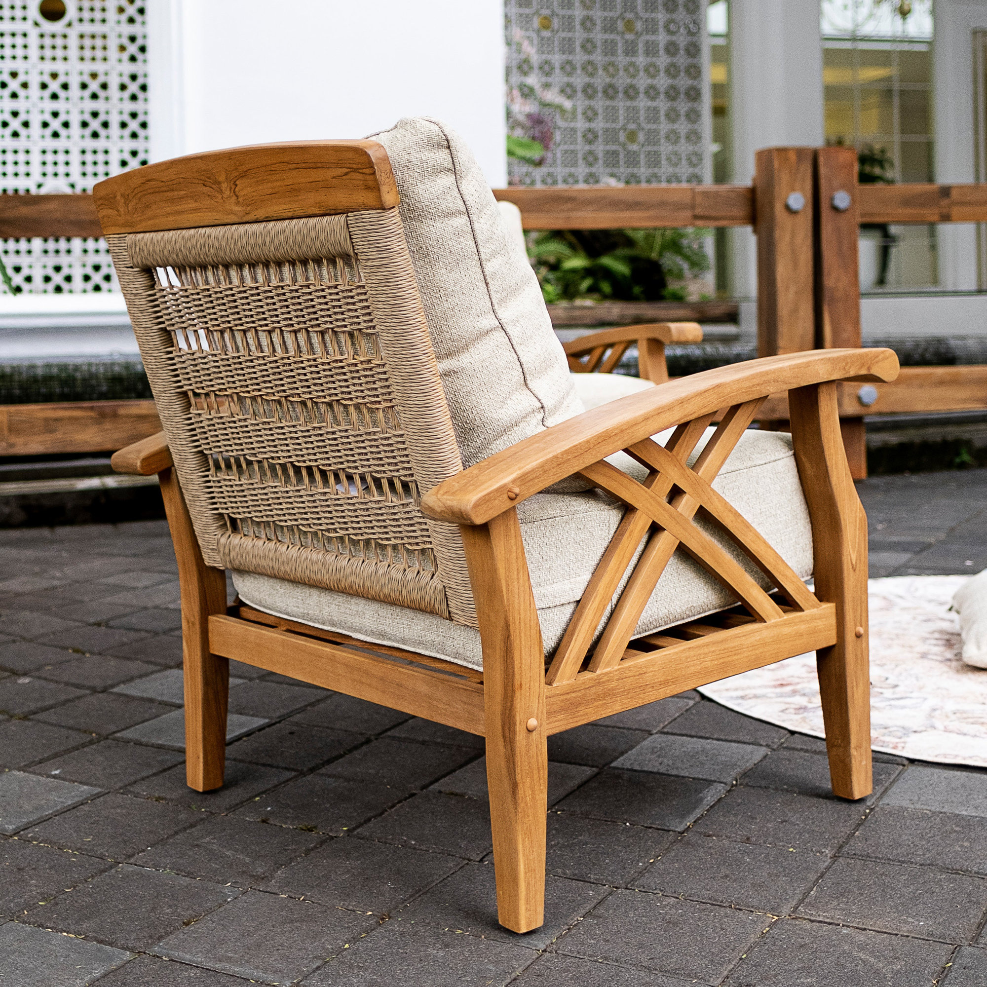 Cotesfield Teak Outdoor Lounge Chair with Cushion, Tan Performance Basketweave