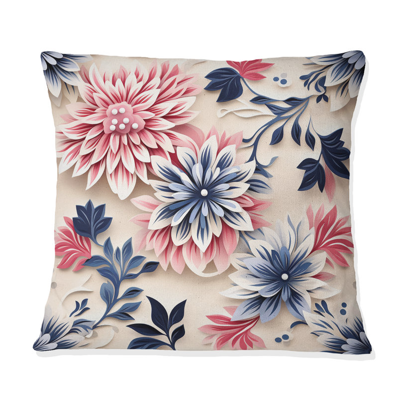Coussin décoratif imprimé floral bleu, rose et blanc, H 16 po x l 16 po