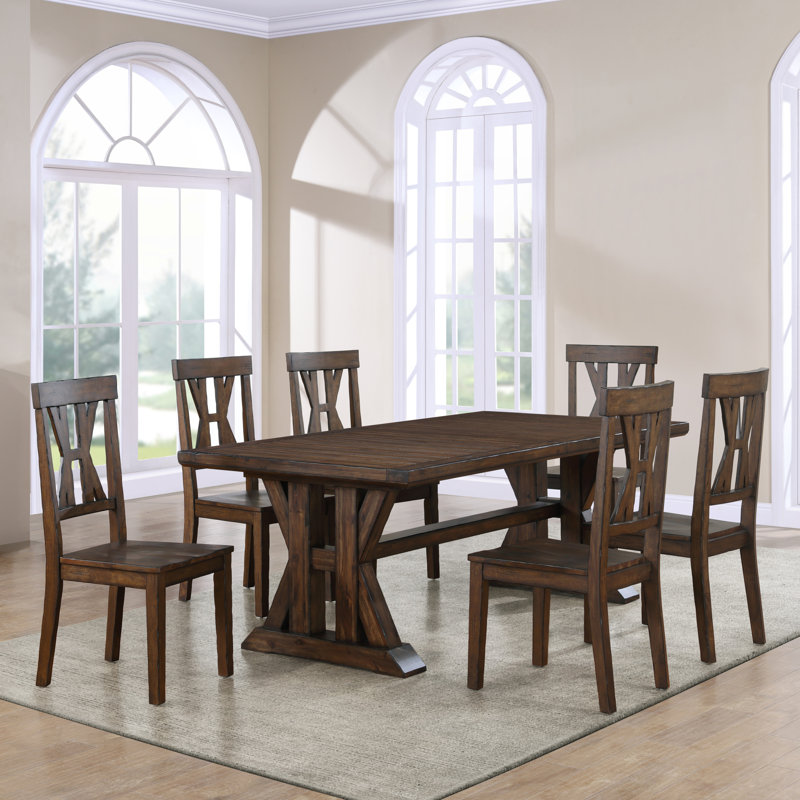 Demone Auburn 126" Large Solid Wood Dining Table Set, 7 Pieces: Table, 6 Chairs