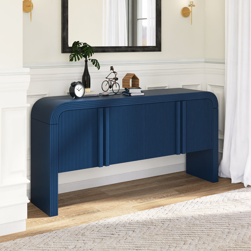 63" W Wood Wave-Pattern Storage Cabinet With Adjustable Shelf, Blue